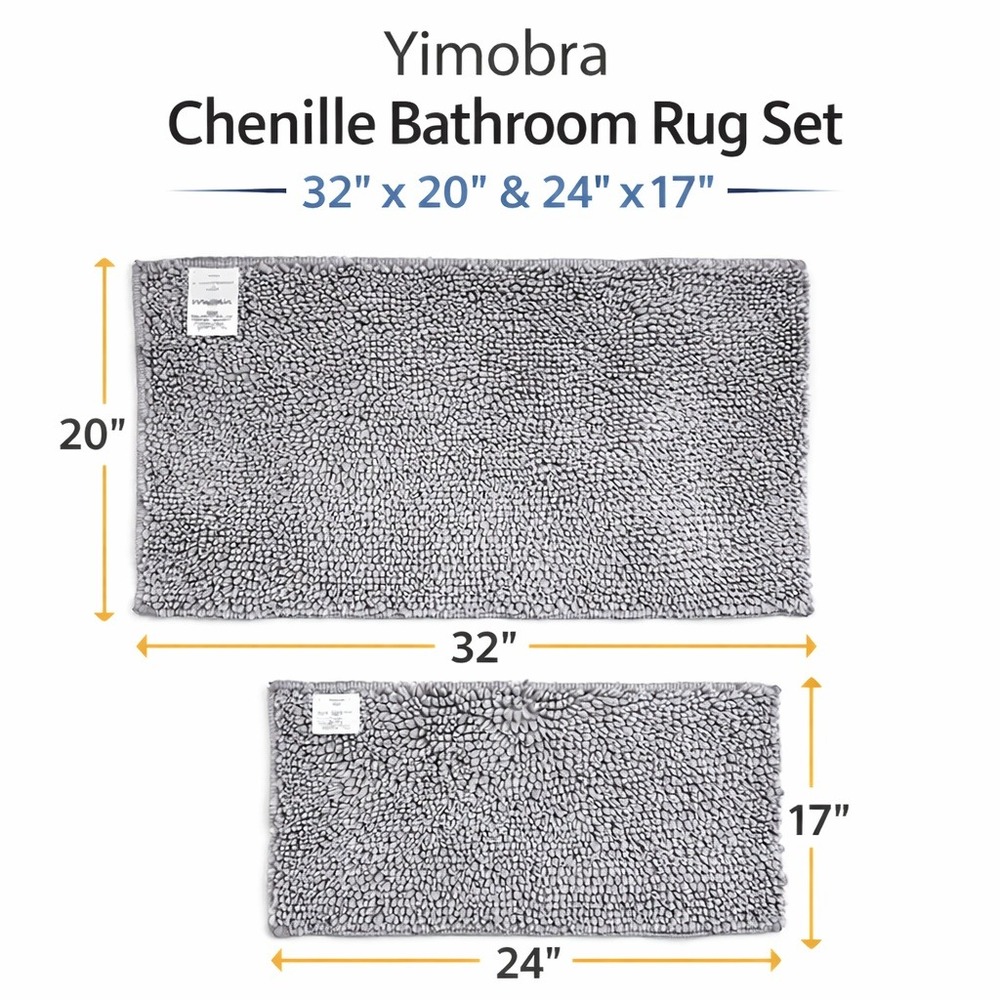 Yimobra Chenille Bathroom Rug Set 2pc Gray 32x20 & 24x17 Soft Non Slip Bath Mats